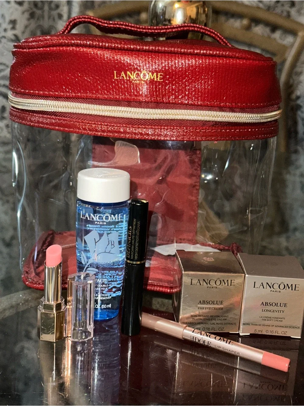 Lancome Pink Lipstick & Gold Absolue Cream Set with Red Case